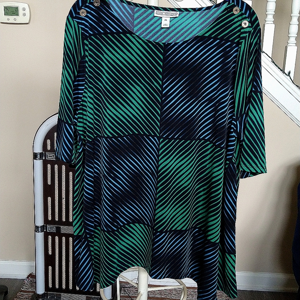 DANA BUCHMAN Scoop Neck, Emerald, Aqua and Black Block, Short Sleeve Top Size XL